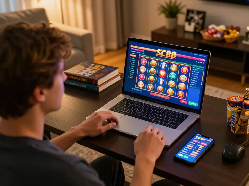 Player enjoying SC88 online slots at home with laptop and snacks