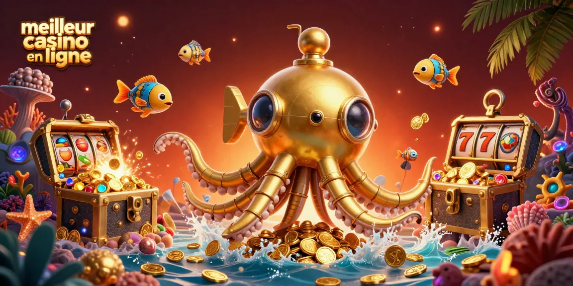 Jouez au meilleur casino en ligne avec cette illustration captivante de machines à sous et monstres marins animés.