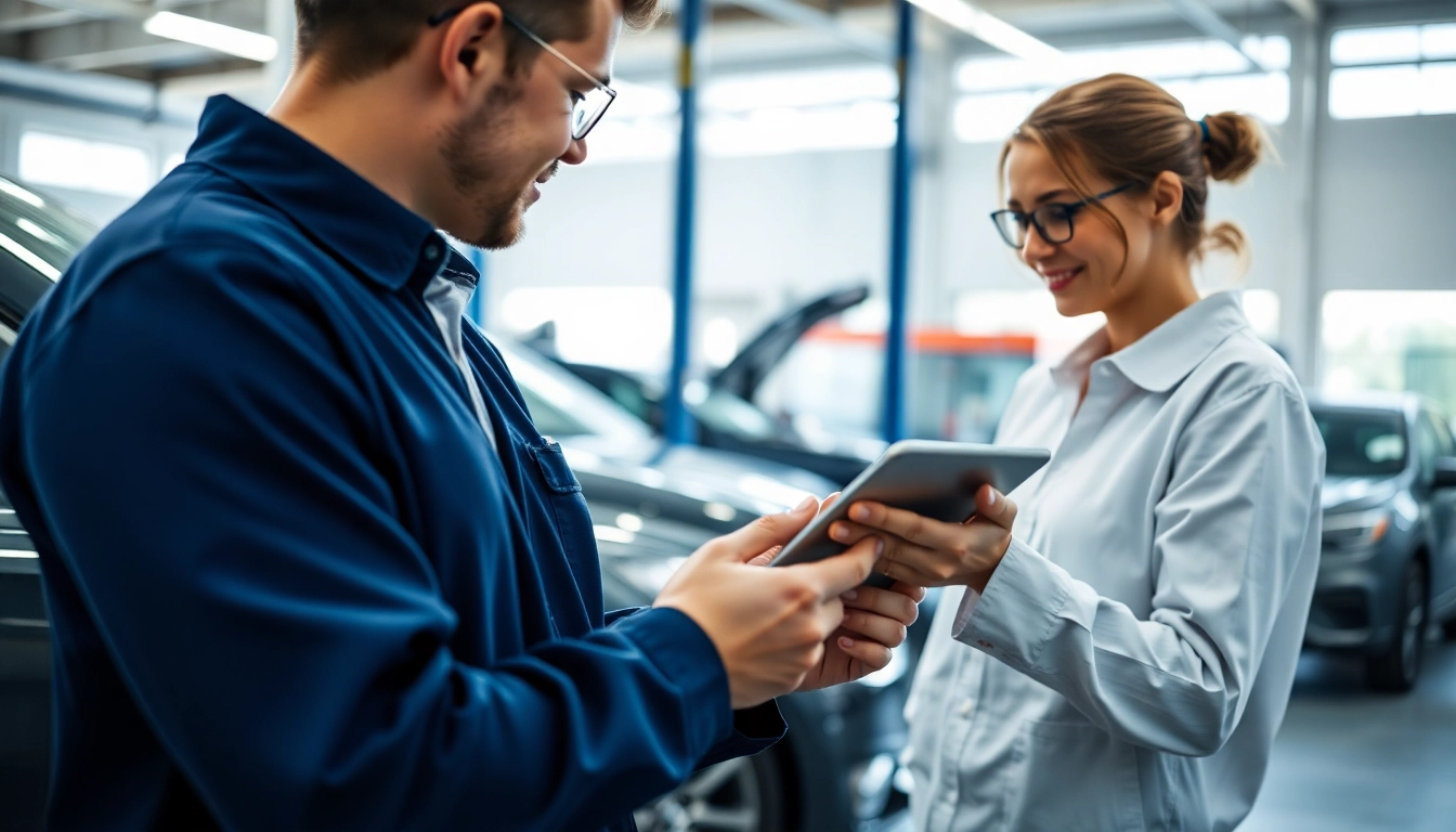 Engaging vehicle service contract provider assisting a customer in a professional auto repair shop.