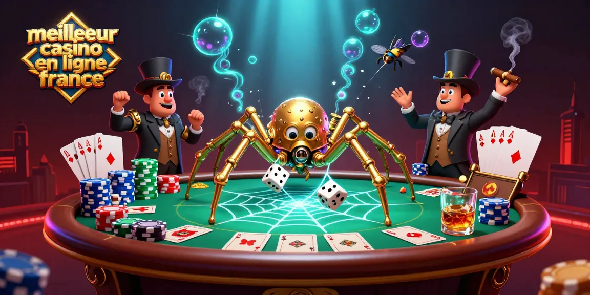 Illustration montrant une araignée steampunk dorée façonnant sa toile tout en capturant des dés, pour le meilleur casino en ligne France.