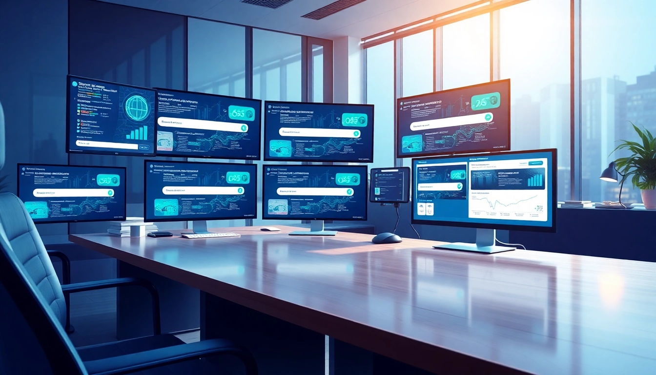 Explore enterprise search platforms through dynamic workspace illustration with multiple screens.