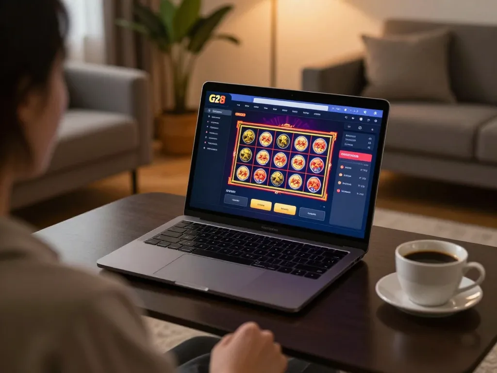 Engaging slot game action on G28 from a cozy home gaming setup with warm ambiance.