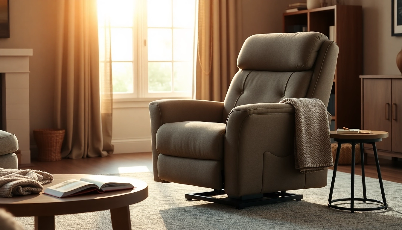 Power lift recliner chair positioned in a cozy living room, showcasing ergonomic design.