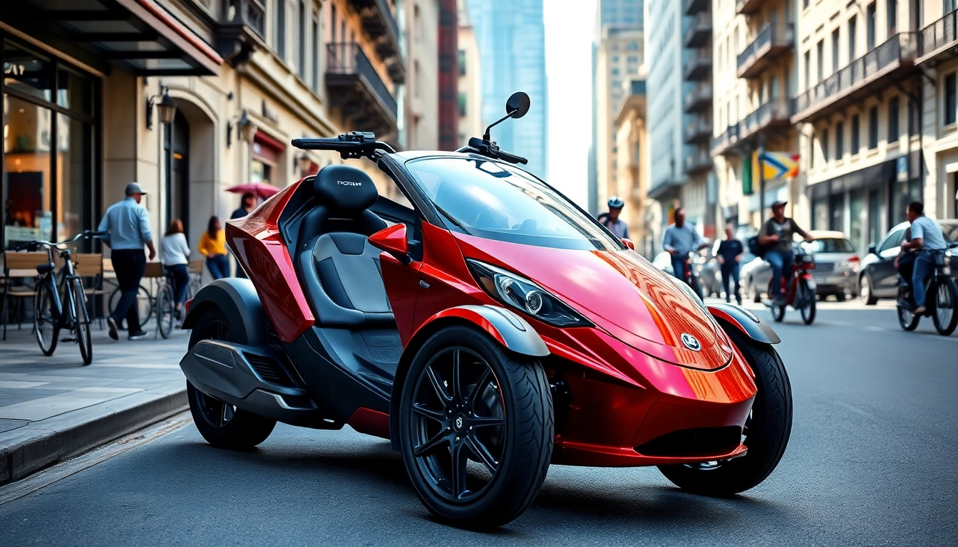 People enjoying the vibrant cityscape with affordable street legal three wheeler trikes parked nearby.