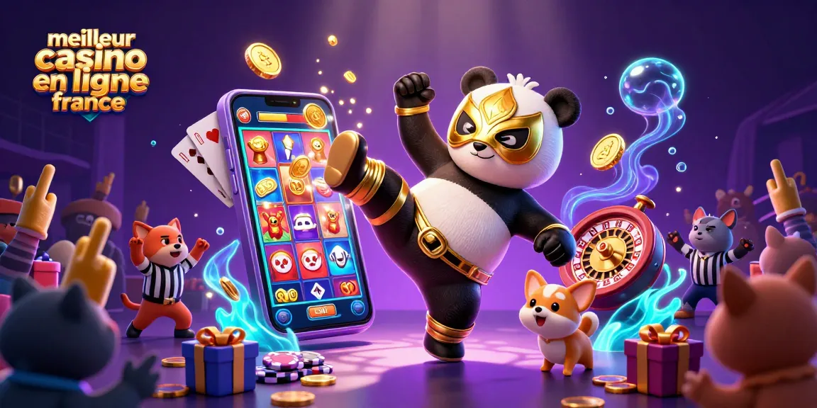 Le meilleur casino en ligne France offre une scène dynamique avec un panda lutteur et un chihuahua arbitre.