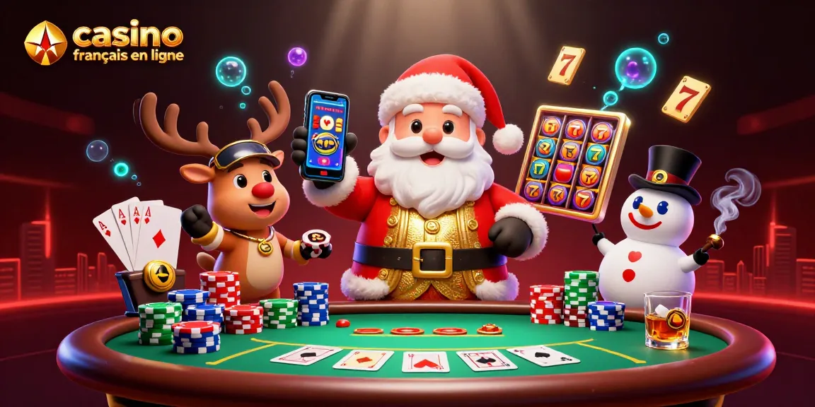 Animations au casino français en ligne, avec un père Noël et ses amis dans une scène festive.