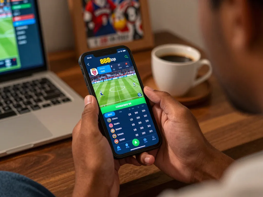 Player engaging with sports betting on 888top app, showcasing a modern gambling experience.
