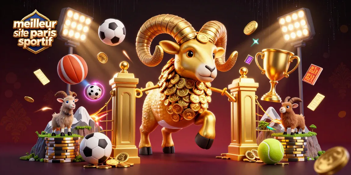 Visuellement, le meilleur site de paris sportif offre une scène dynamique avec un bélier doré et des ballons de sport.