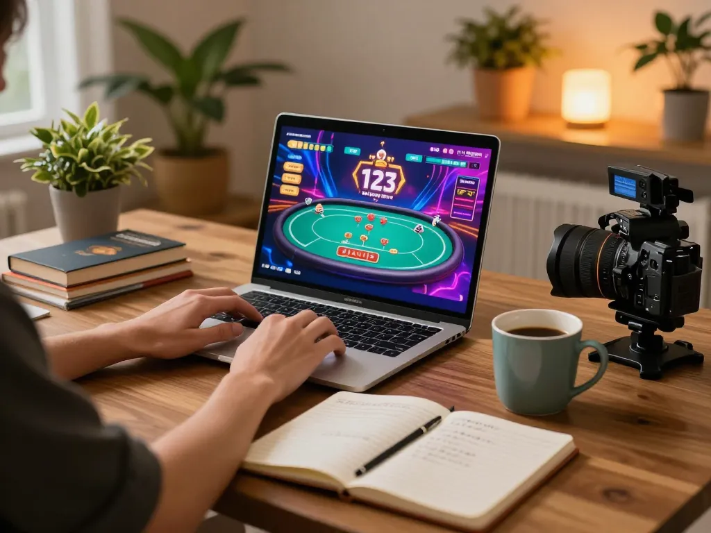 Exciting gameplay at 123b casino with a player engaged on laptop, showcasing vibrant poker interface.