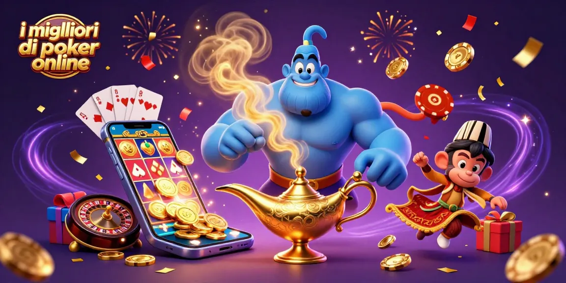 Scopri i migliori siti di poker online mentre il genio porge poker chips, evocando un'atmosfera magica.