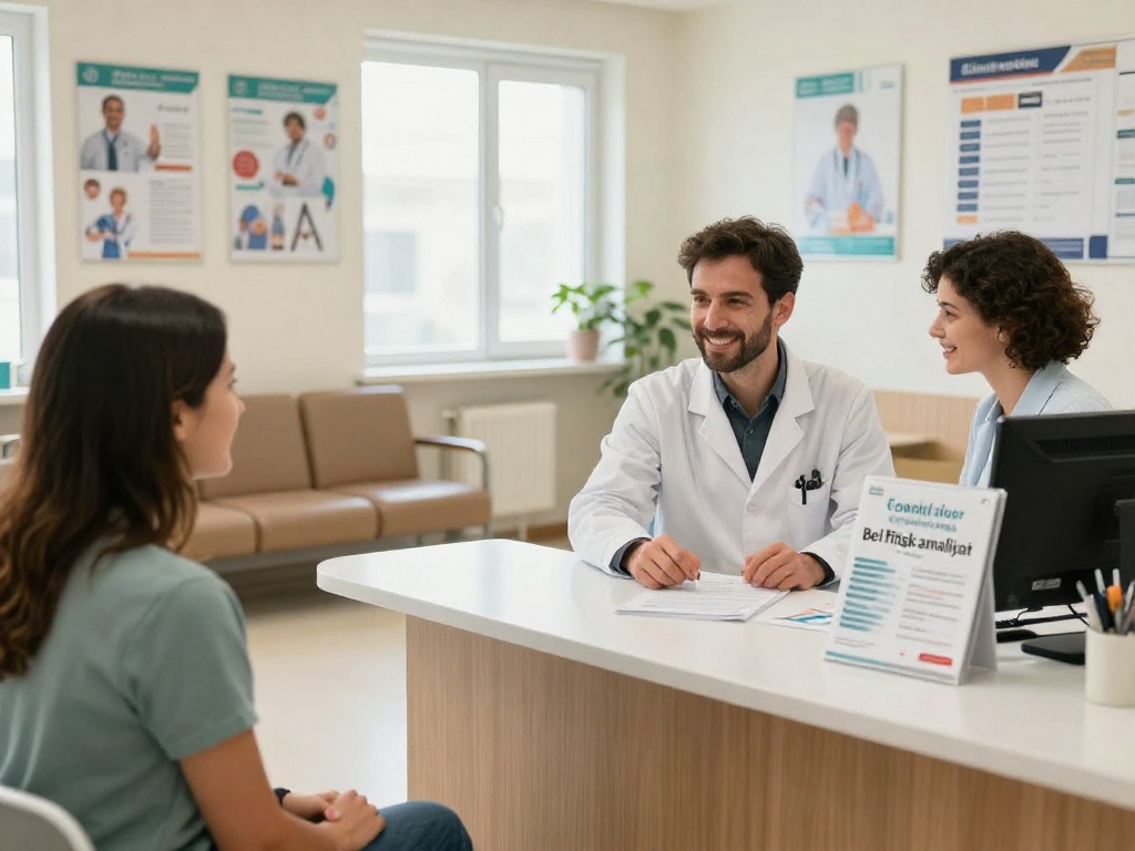 A patient discussing Bel fıtığı ameliyatı options with a doctor in a health clinic waiting room, featuring a welcoming atmosphere.