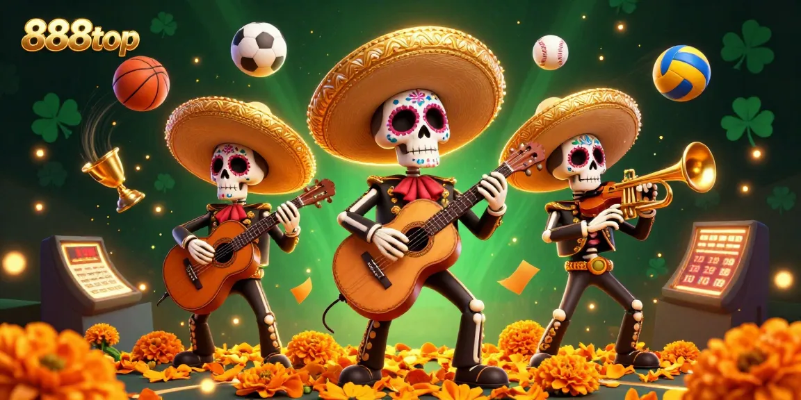 Experience thrilling gaming action at 888top with a vibrant 3D casino scene featuring a mariachi band.