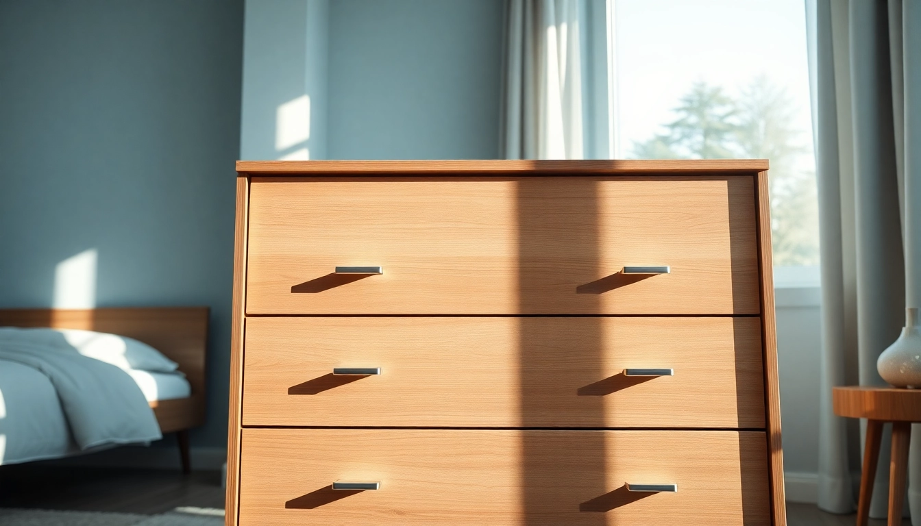 Stylish chest of drawers enhancing a modern bedroom's aesthetic appeal.