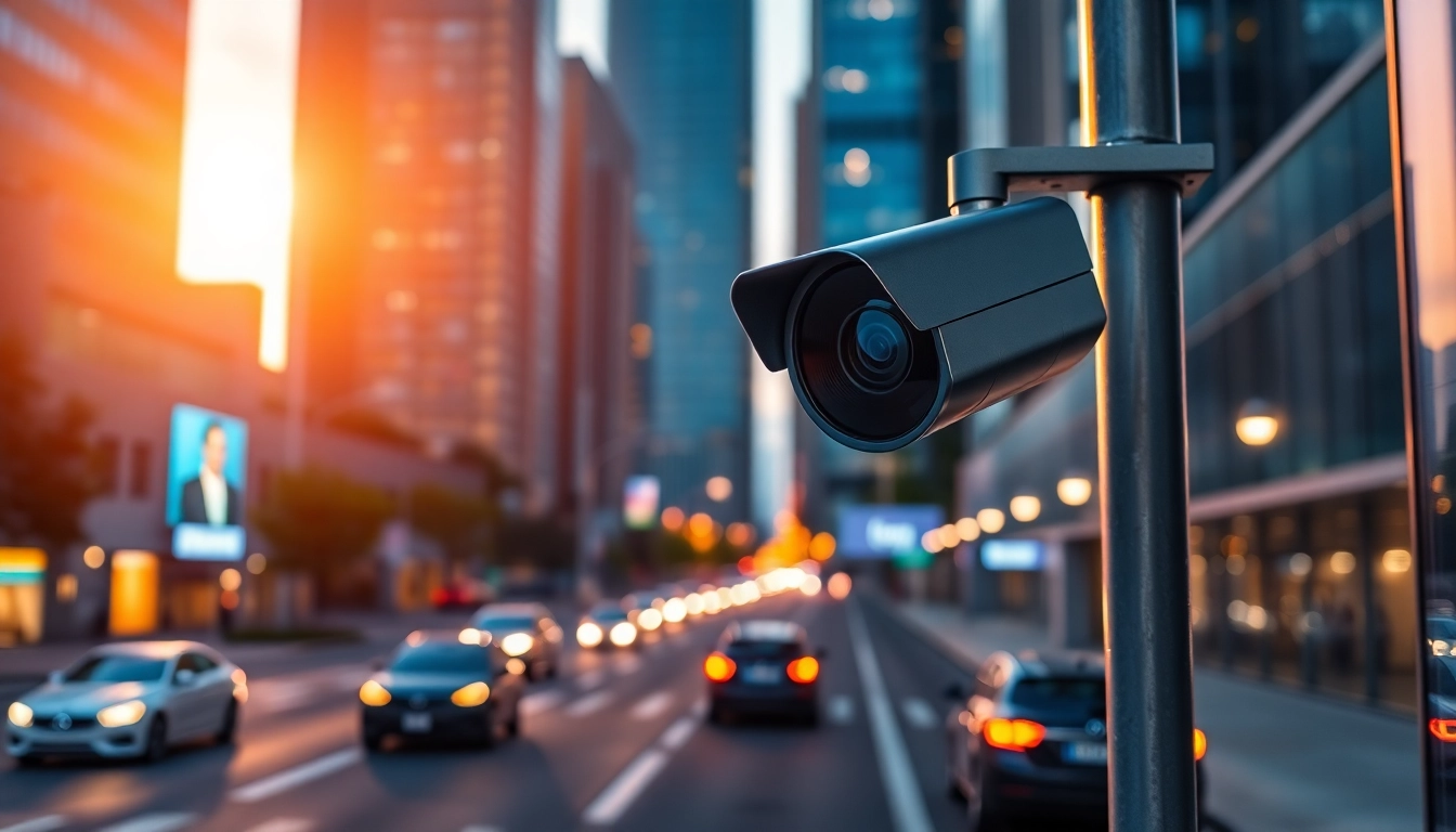 License plate recognition camera capturing vehicle details in a busy urban setting.