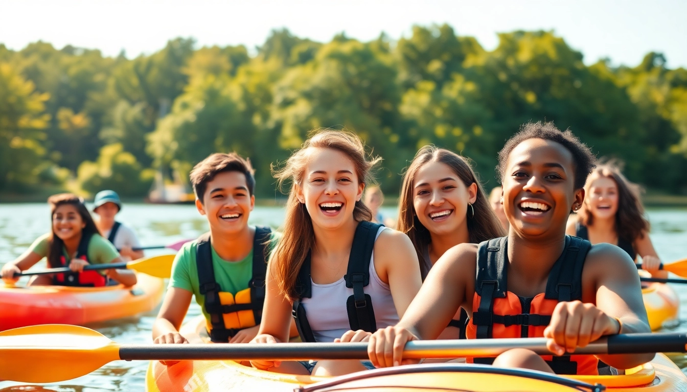 Teens enjoying fun activities at a vibrant teen summer camp by the lake.