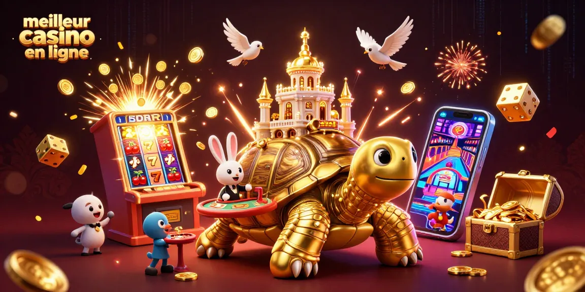 Visitez le meilleur casino en ligne avec un guide animé comprenant une tortue dorée géante et un croupier.