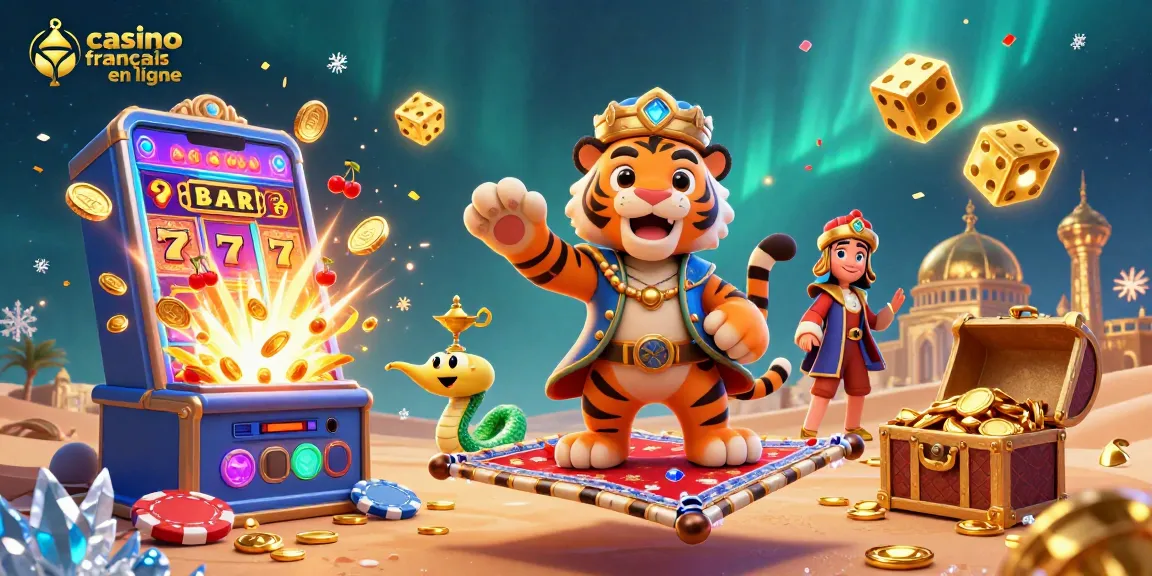 Profitez du casino français en ligne avec une scène animée de machines à sous, sultan et trésors.