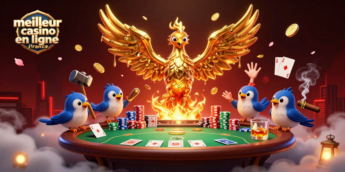 Découvrez le meilleur casino en ligne France avec une scène immersive de poker illustrée par un phénix en or, pièces tombant et ambiance captivante.