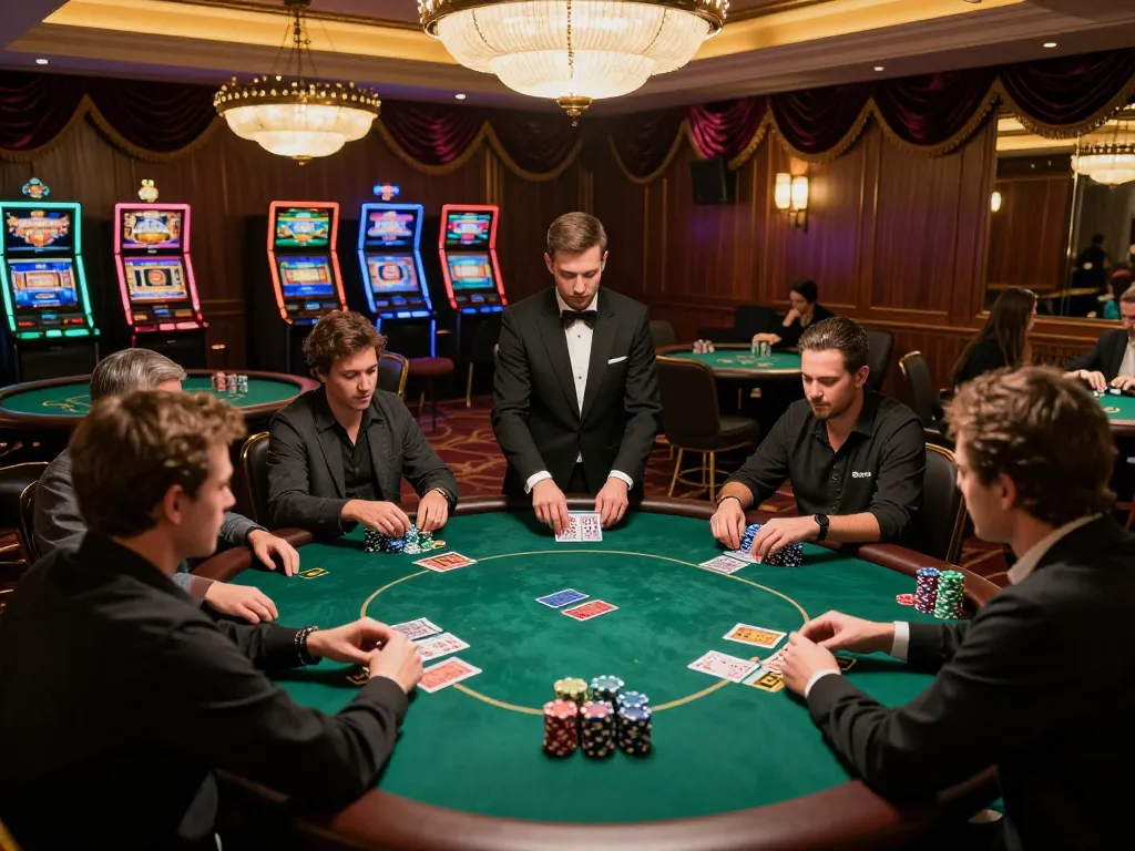 Players gathered around a poker table at the hidden wiki casino, showcasing strategy and high-stakes action.