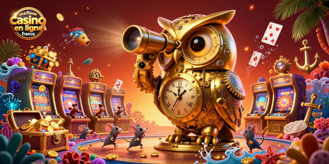 Découvrez le meilleur casino en ligne France avec une illustration dynamique mettant en avant un hibou doré mécanique dans un cadre festif.