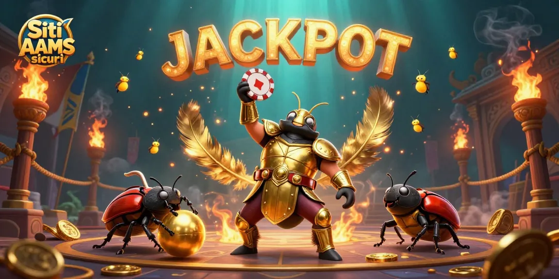 Visualizza Siti non AAMS sicuri vincenti con un eroe scarabeo in armor dorato e altri elementi del gioco.