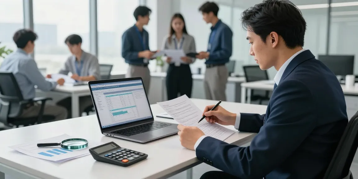 Analisis keuangan oleh auditor forensik di aafikotacimahi.org, suasana kerja profesional dengan dokumen dan alat analisis.