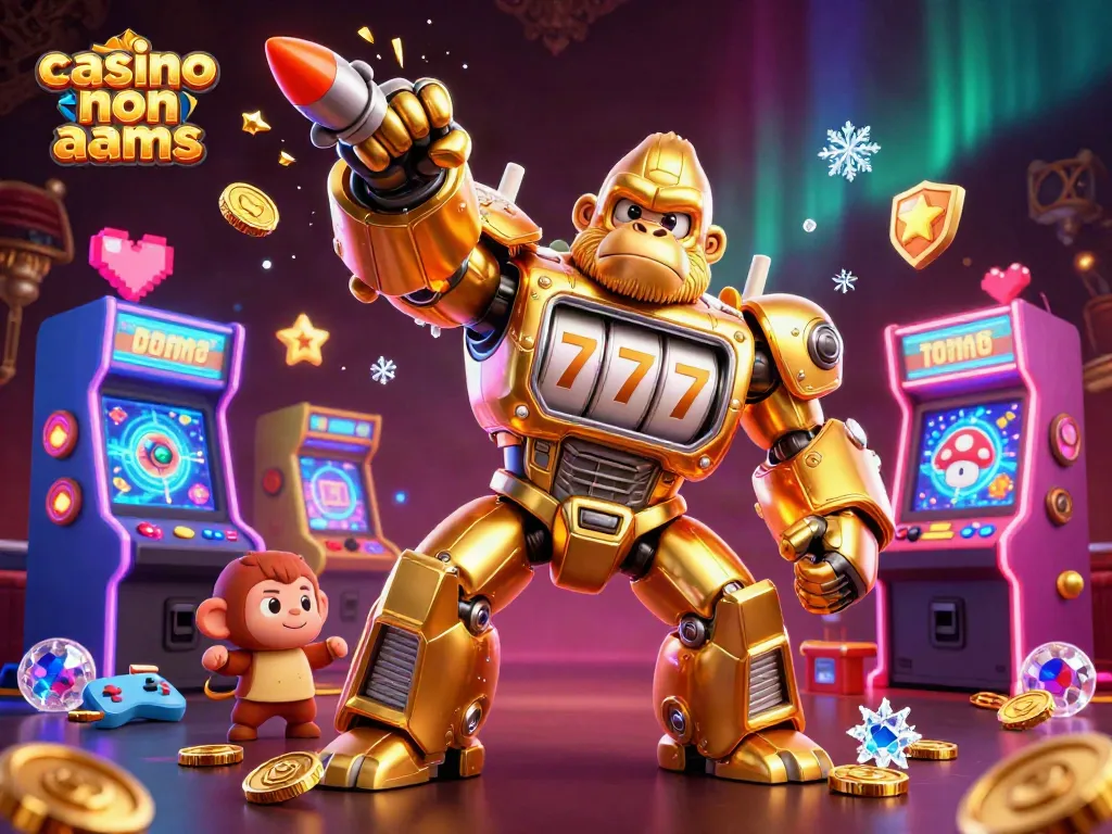Giocatori alle slot in un casino non aams con un mech gorilla, simboli e monete volanti