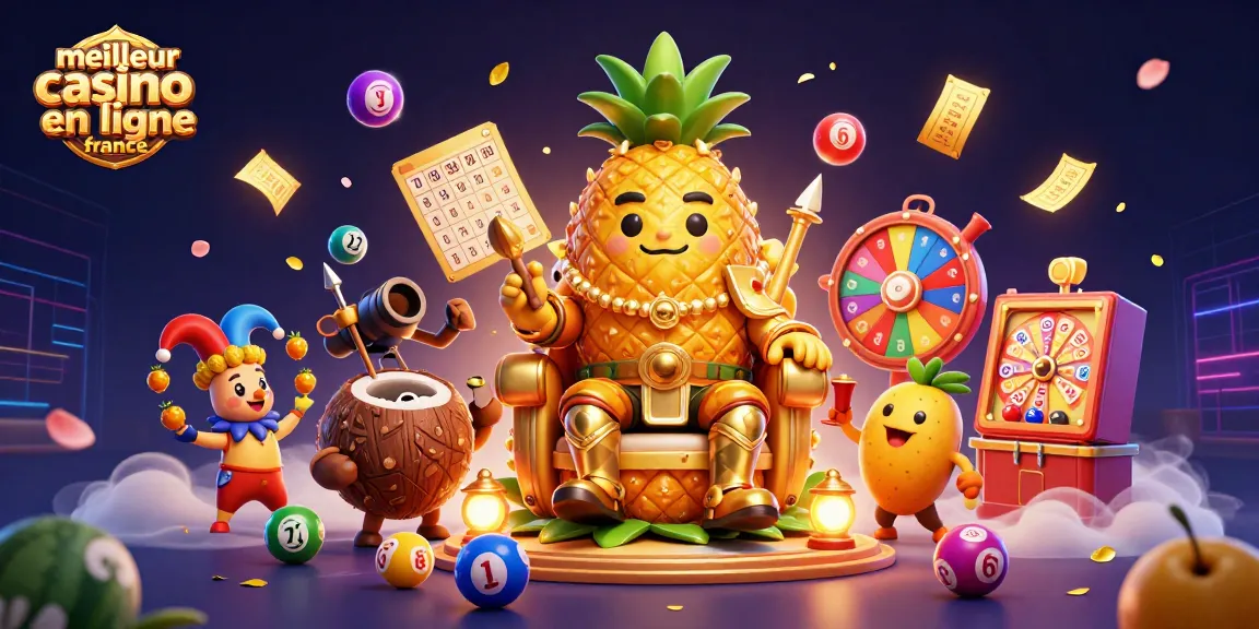 Illustration du meilleur casino en ligne France avec un roi ananas doré et des éléments de loterie dynamiques.