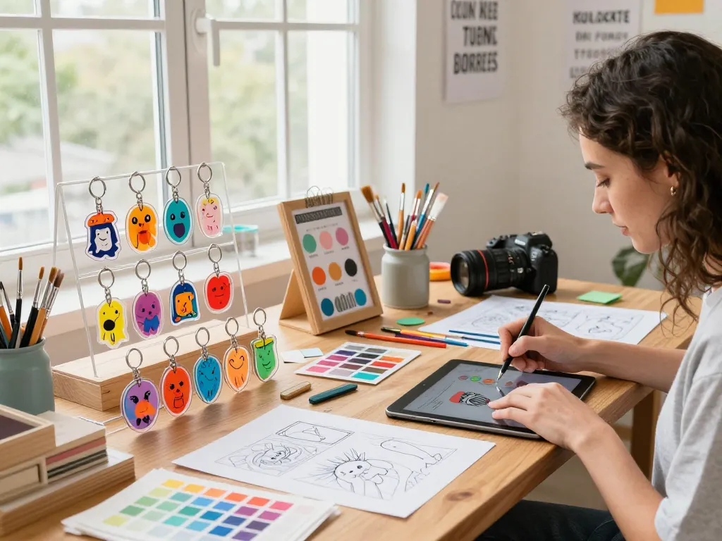 Innovative acrylic keychain manufacturer showcasing vibrant designs and customizations in a creative workspace.