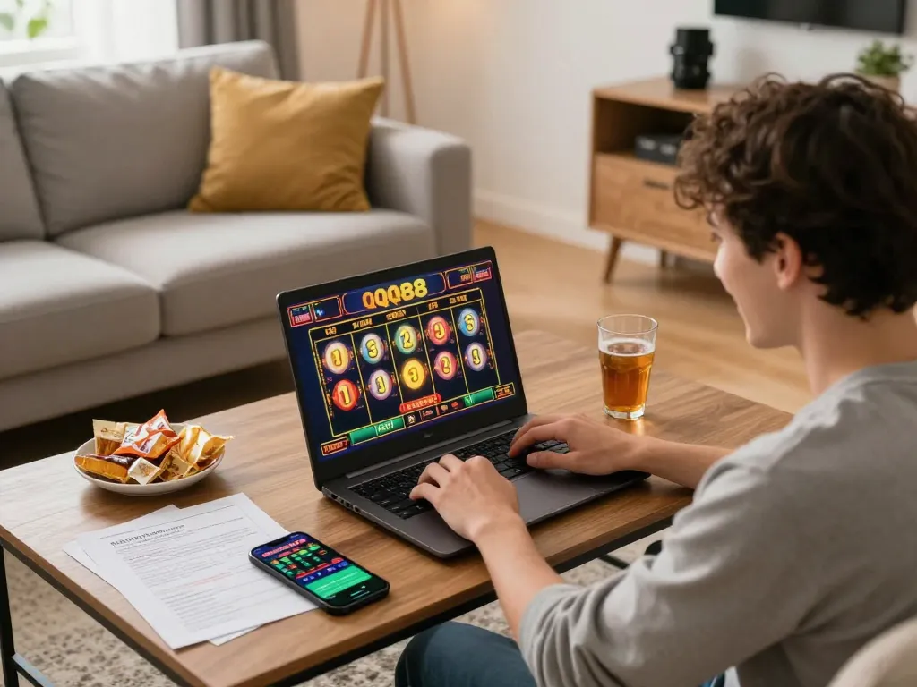 Player enjoying QQ88 online slot game on laptop, showcasing home gaming setup.