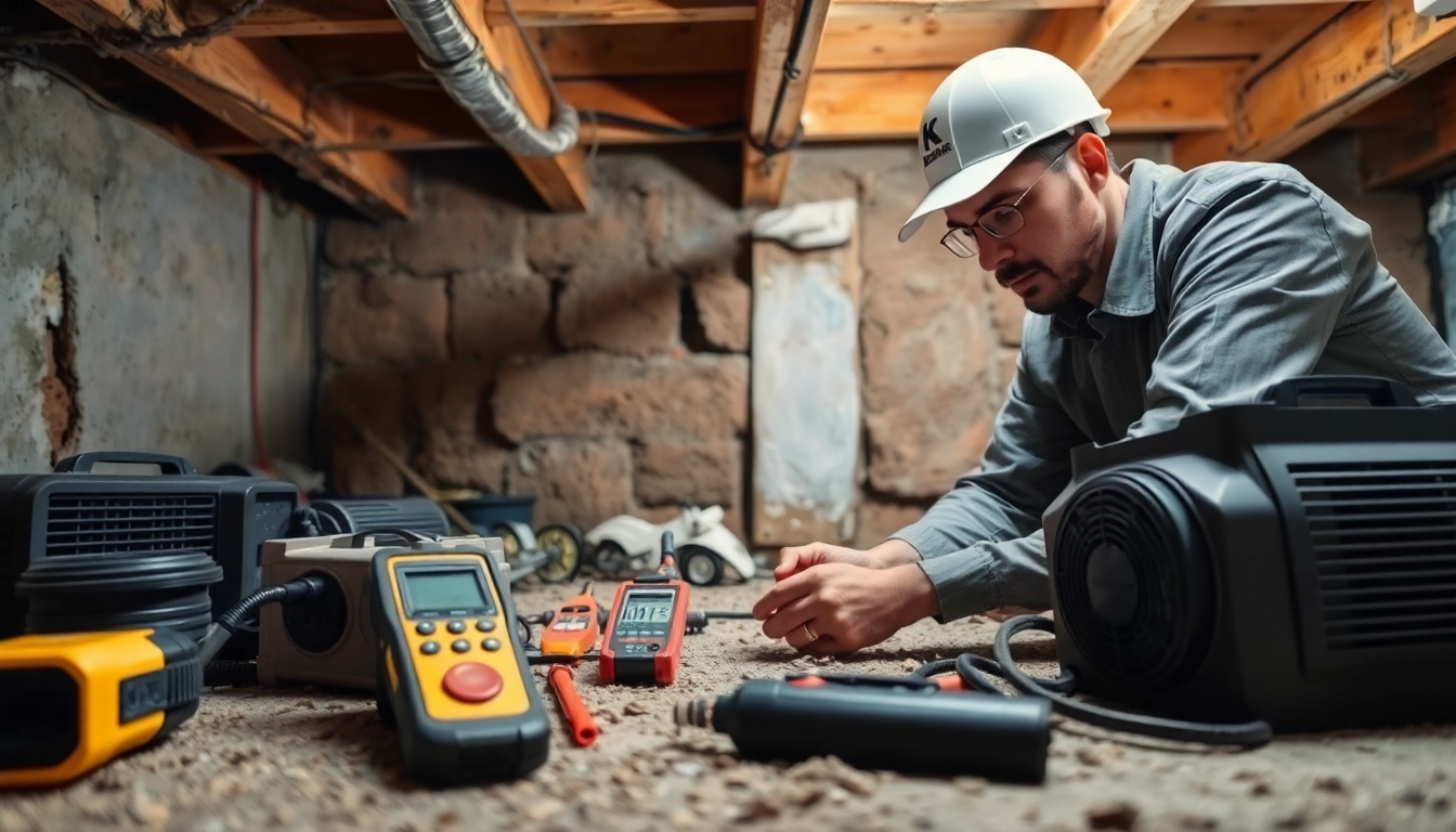 Crawl Space Restoration technician repairing damp areas with tools in a professional environment.