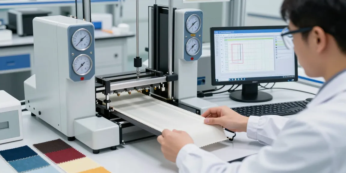 Fabric pull tester in use, technician measuring tensile strength in a modern textile laboratory.