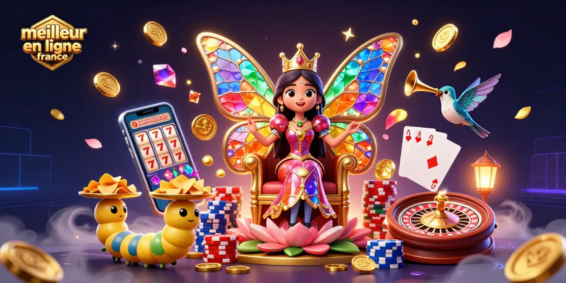 Le meilleur casino en ligne France met en scène une reine papillon avec des chips et des pièces d'or.