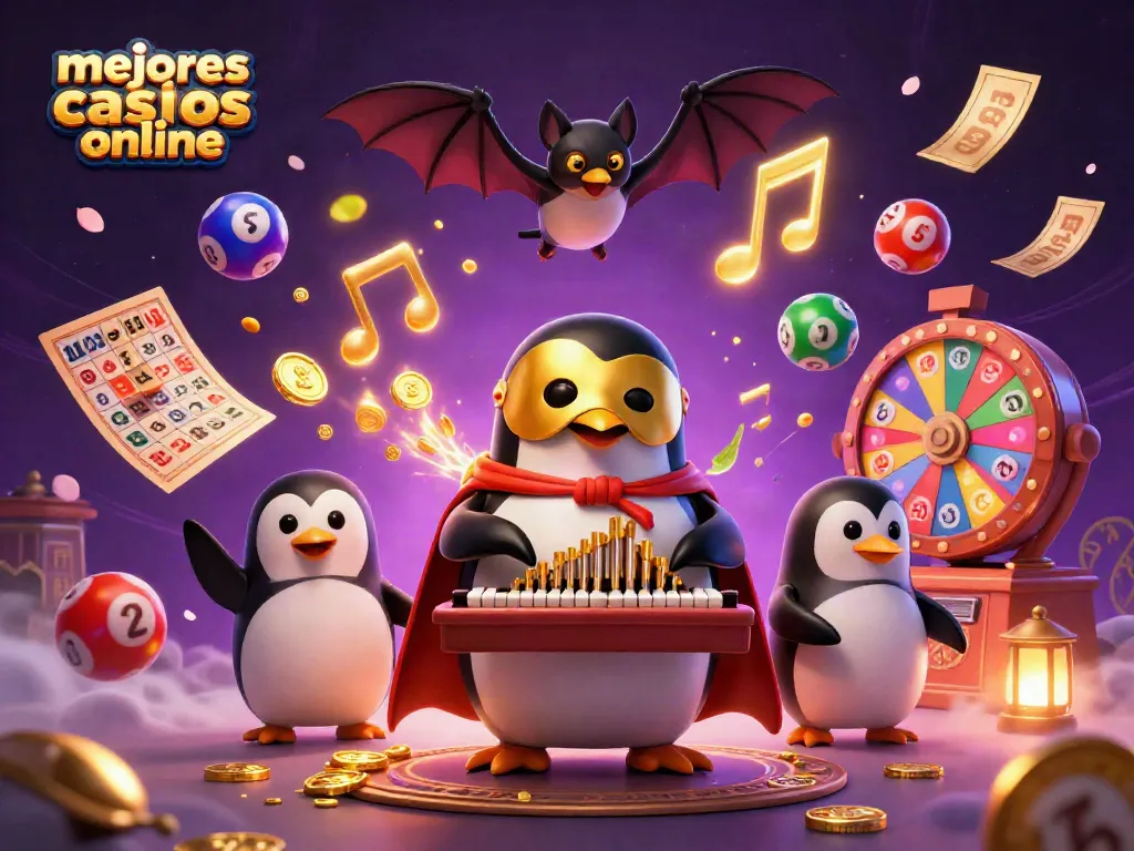 Mejores casinos online impulsados por un pingüino fantasma tocando un órgano mientras lanza monedas doradas.