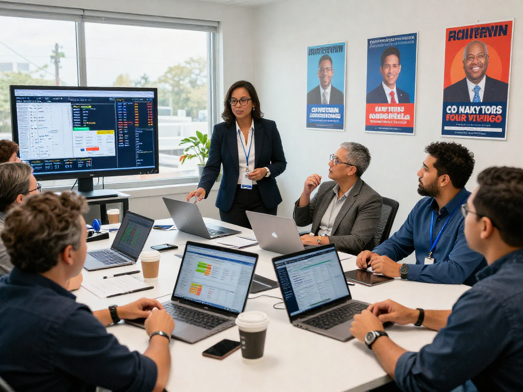 Engaging political strategy meeting showcasing creator campaign political dynamics in an active office.