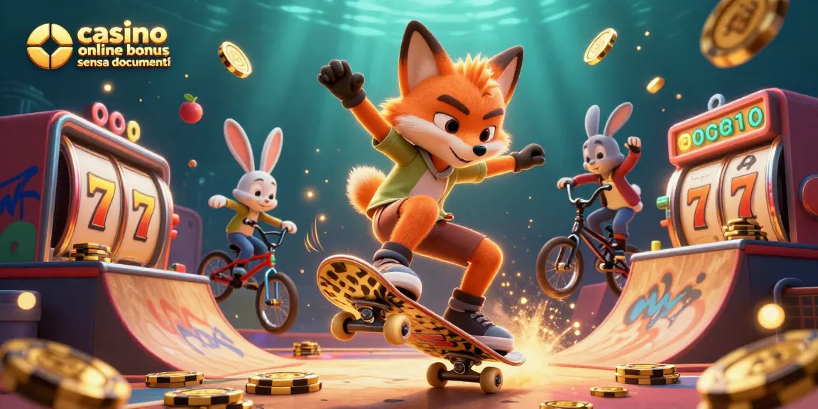 Gioca nei migliori casino online bonus senza documenti con un'illustrazione vivace di un vulcanico fox e un coniglio BMX, circondati da simboli dei casinò.