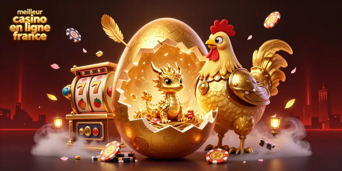 Illustration dynamique du meilleur casino en ligne France avec un dragon doré, des jetons et des rouleaux de machines à sous flottants