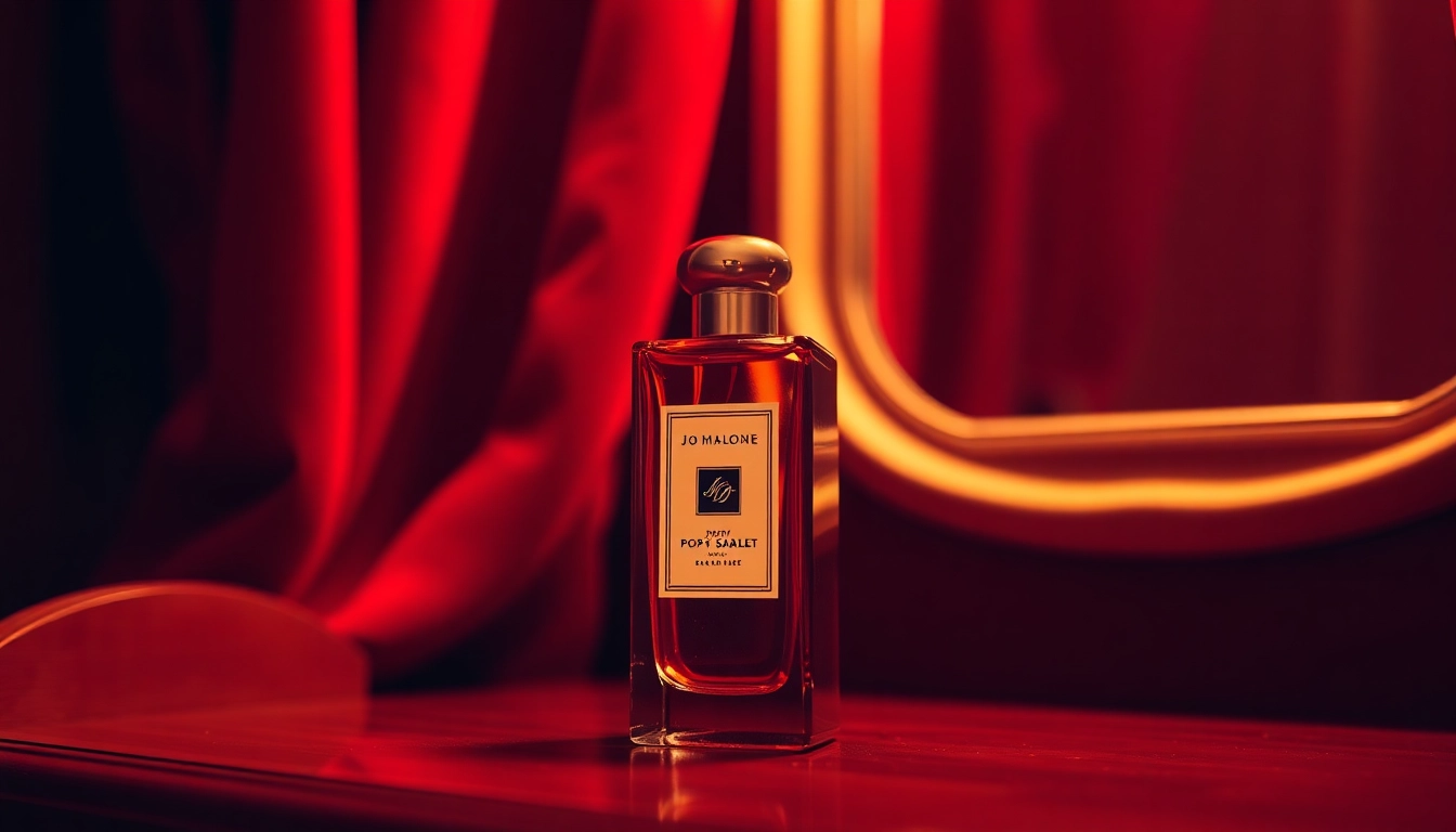 Admire Jo malone Poppy scarlet fragrance nestled on a luxurious vanity against rich textures.