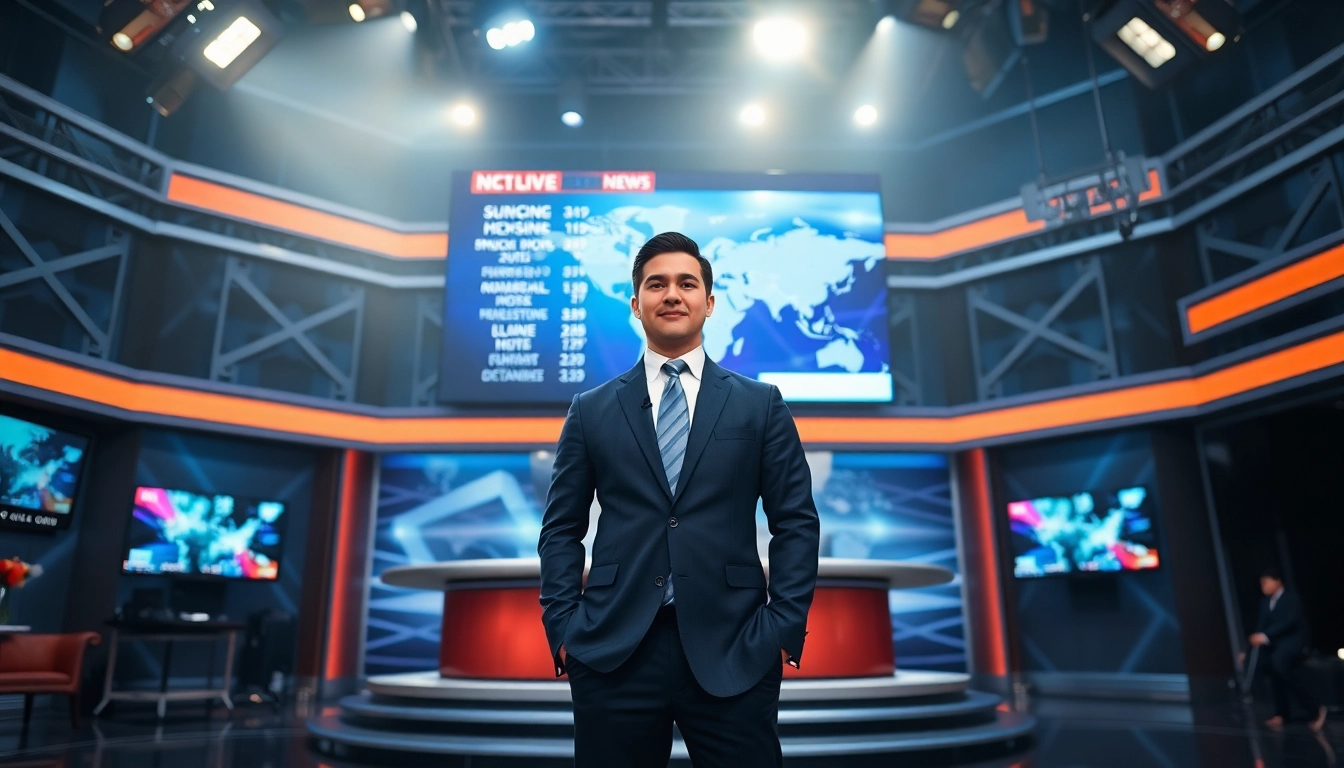 Engaging news anchor presenting breaking news in a modern studio