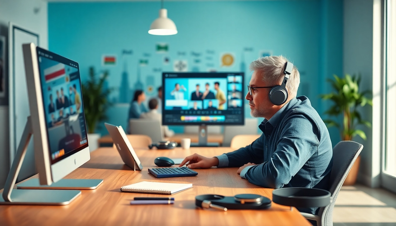 Transforming content with video translation for diverse audiences in a vibrant office setting.