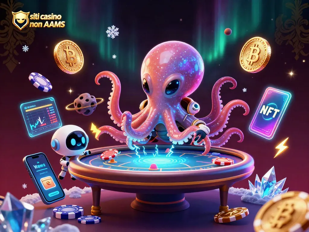 Gioca nei siti casino non AAMS con un'illustrazione vivace di un polipo alieno e chip fluttuanti.