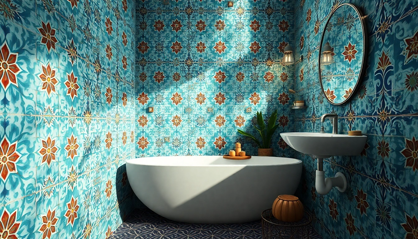 Carreaux Zellige présentés dans une salle de bains moderne, mettant en valeur des motifs et textures vibrants qui rehaussent le design contemporain.