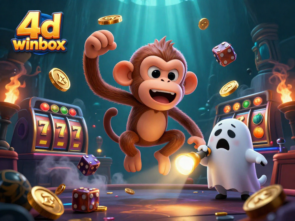 Exciting visual of 4d winbox with a playful poltergeist monkey and a ghost-hunter puppy in a vibrant casino