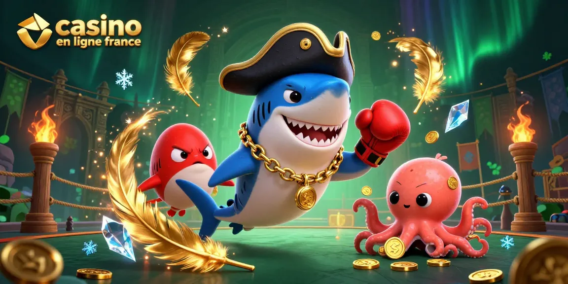 Visuel dynamique de casino en ligne France avec requin pirate, poisson globe et poulpe, rempli de pièces d'or.