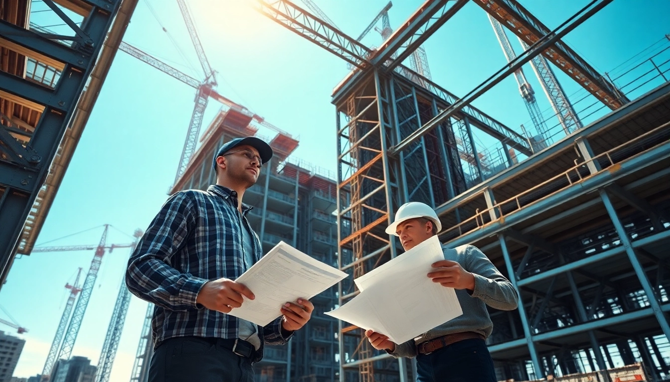 Visual representation of a structural steel construction project with engineers collaborating.