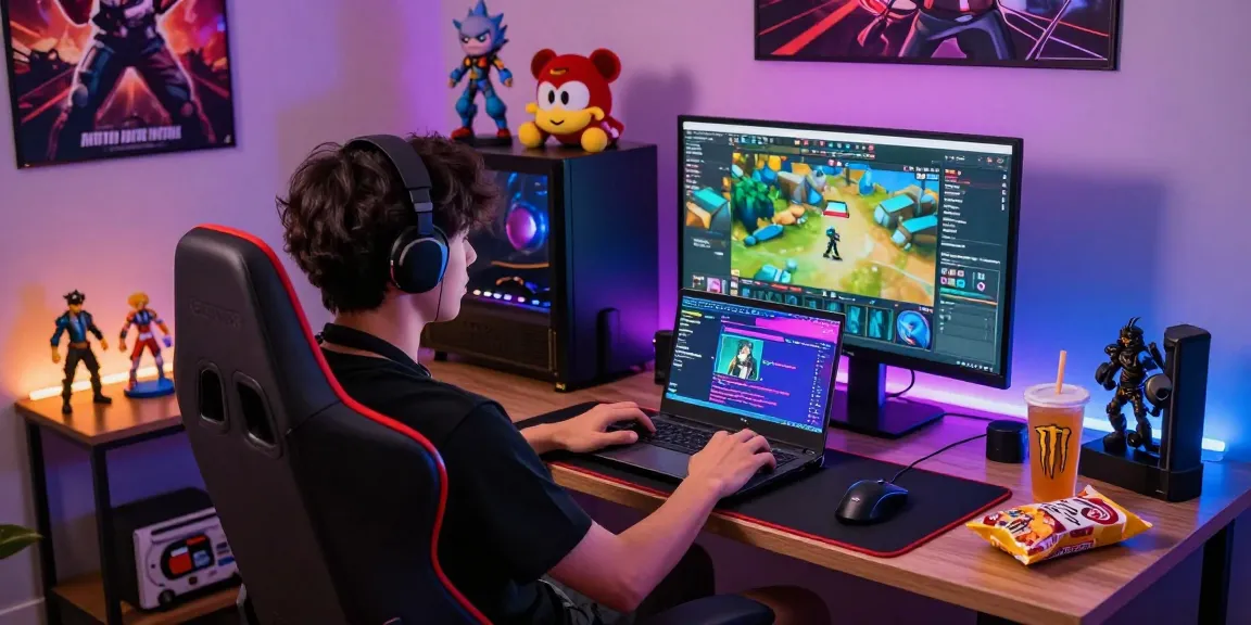 Engaging gaming scene showcasing a gamer playing html porn games on a laptop with vibrant gaming accessories.