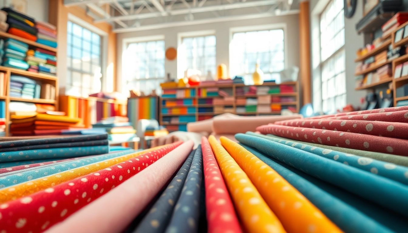 stoffen online bestellen met een kleurrijke weergave van diverse stoffen in een gezellige winkel.
