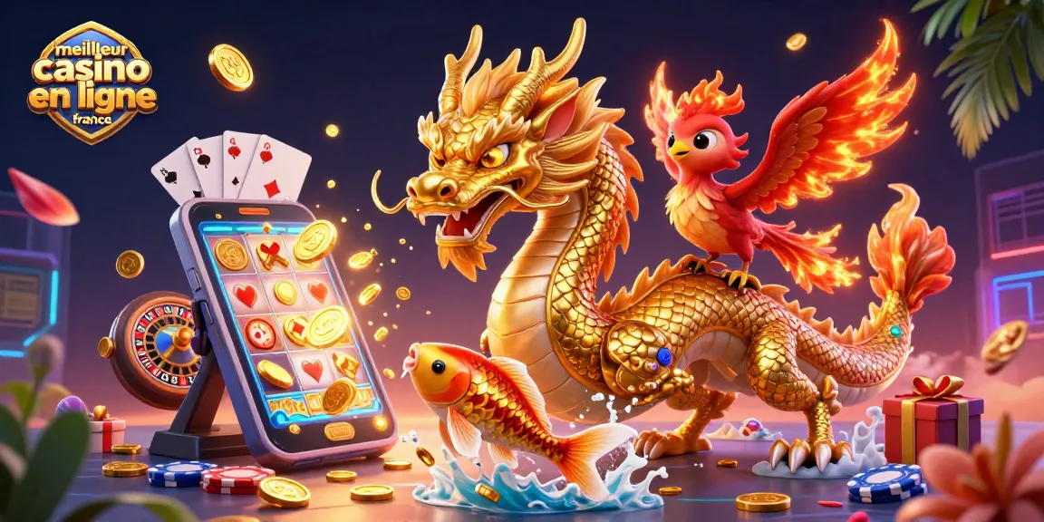 Illustration vibrante du meilleur casino en ligne France, impliquant un dragon et un phénix dans un monde de jeux.