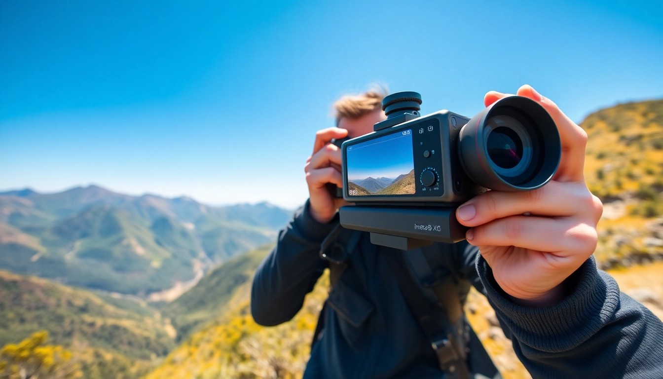 Utilizing the Insta360 X5, a photographer captures stunning landscapes in a vibrant outdoor setting.