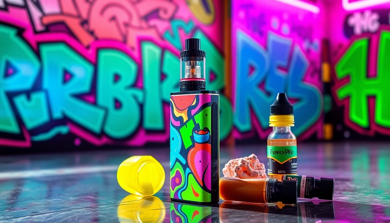 Showcasing funky republic vape with vibrant colors and urban style in a lively setting.